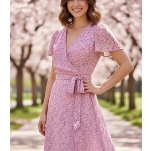 NWOT DKNY ditsy floral puff sleeve pink wrap dress